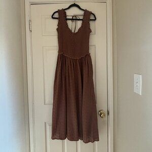 Moon River Brown Eyelet Smocked Maxi Dress Sz. S NWT